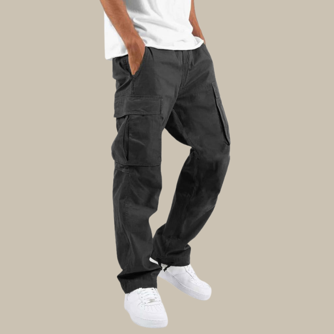 Comfortable men's cargo pants in a versatile shade, perfect for casual outings & utility with functional pockets.