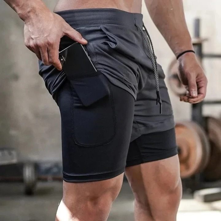 Durable men's gym shorts, FlexStride, flexible and moisture-wicking for active men.