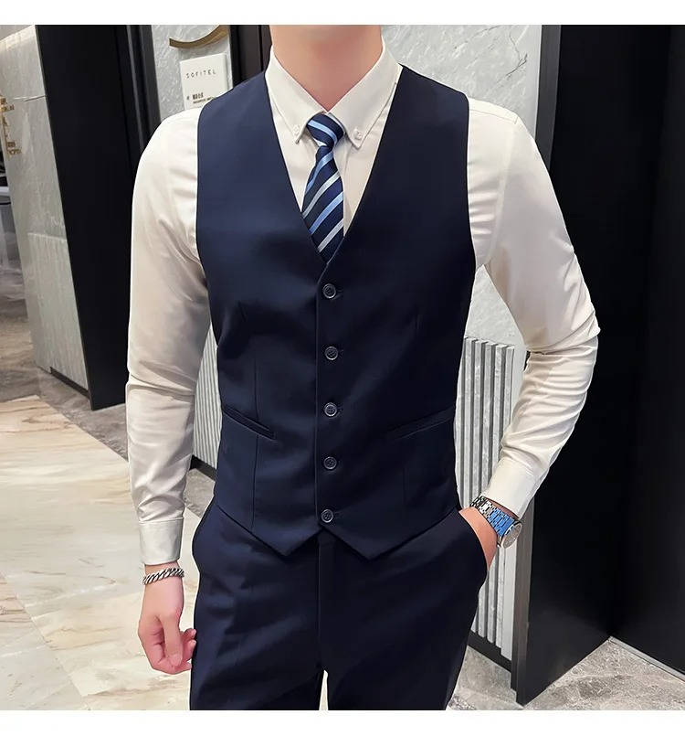 Men's elegant business suit, three-piece ensemble, with a distinguished notch lapel.