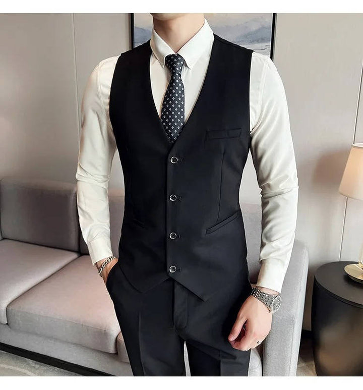 High-quality men's formal three-piece suit with a sharp notch lapel for professional wear.