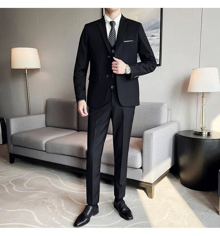 Men's sophisticated three-piece suit, notch lapel, for weddings, proms, and formal events.