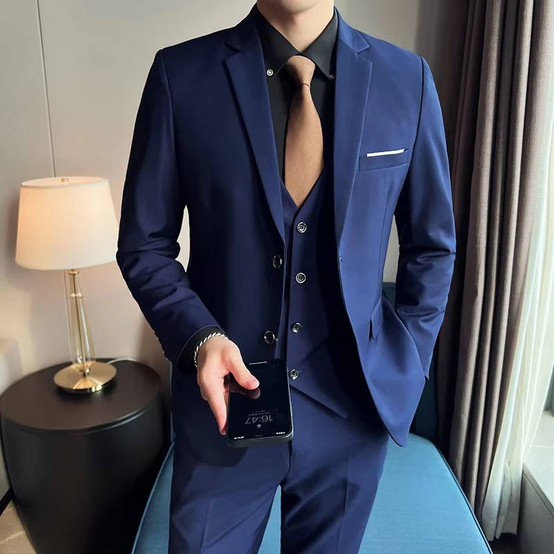 Tailored men's formal suit, three-piece, with a timeless notch lapel for business.