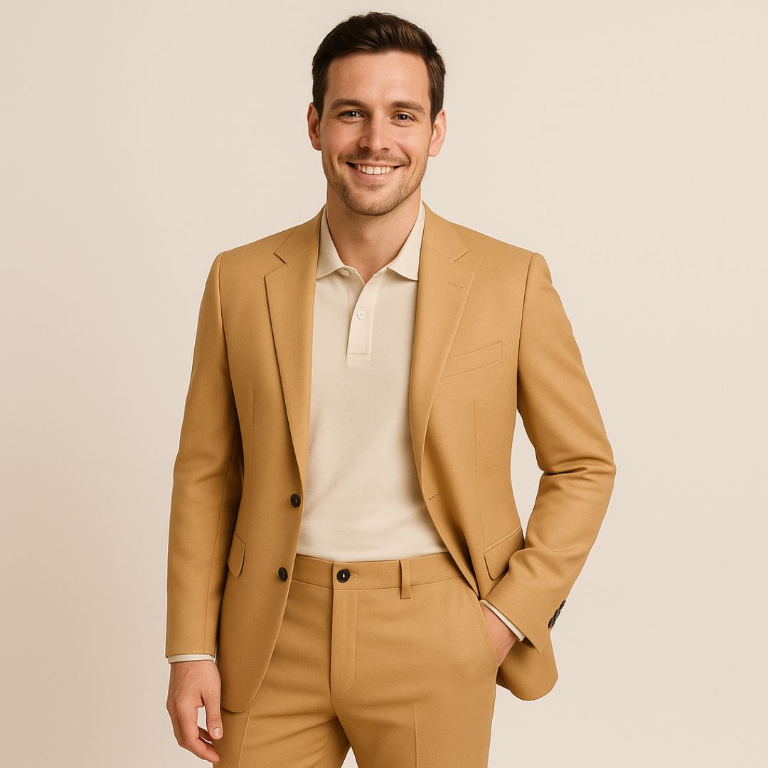 Men's formal two-piece suit set with tailored slim-fit blazer & pants, perfect for business and events.