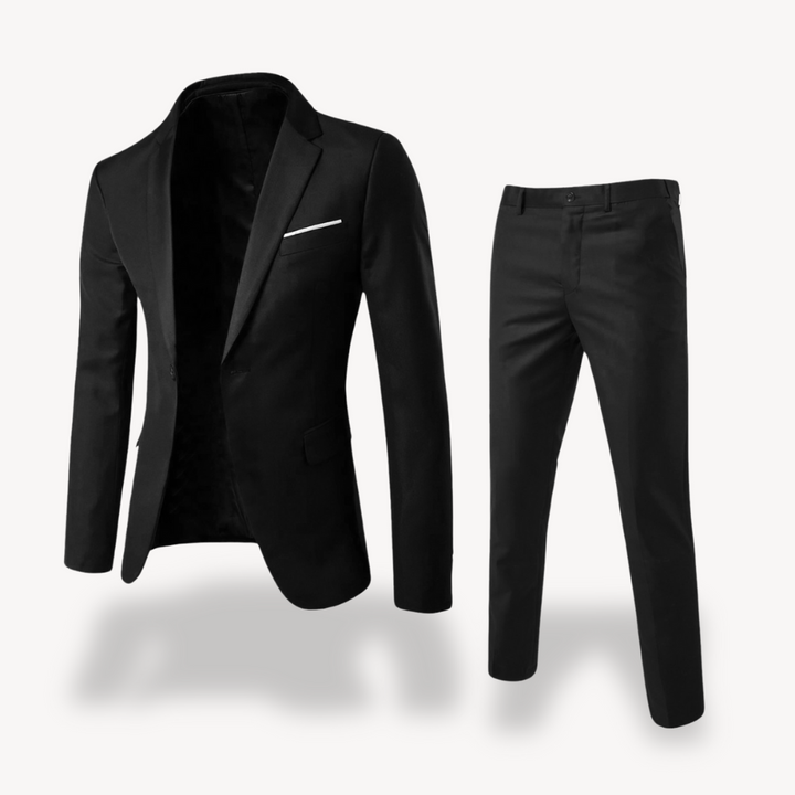 Modern men's formal suit: a slim-fit two-piece set, featuring a stylish blazer and formal trousers.