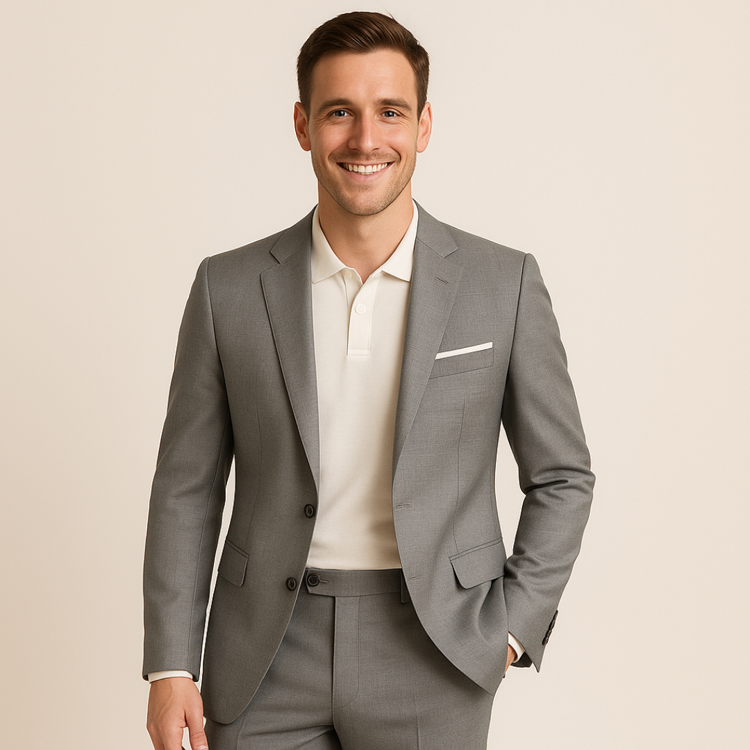 Men's sophisticated two-piece suit, ideal for formal events, with a well-fitted blazer & pants.