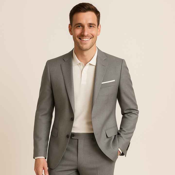 Men's sophisticated two-piece suit, ideal for formal events, with a well-fitted blazer & pants.