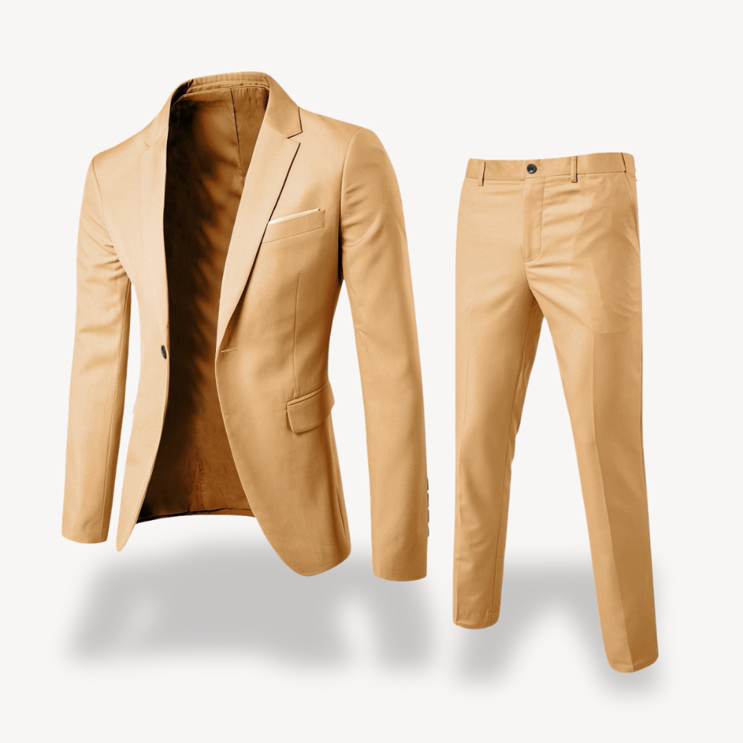 Elegant men's two-piece suit: sophisticated slim-fit blazer & matching formal pants for weddings.