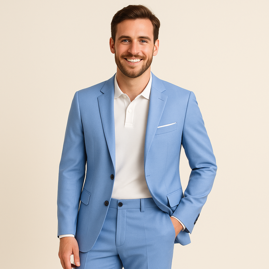Stylish men's formal suit set, featuring a tailored blazer & dress pants for business wear.
