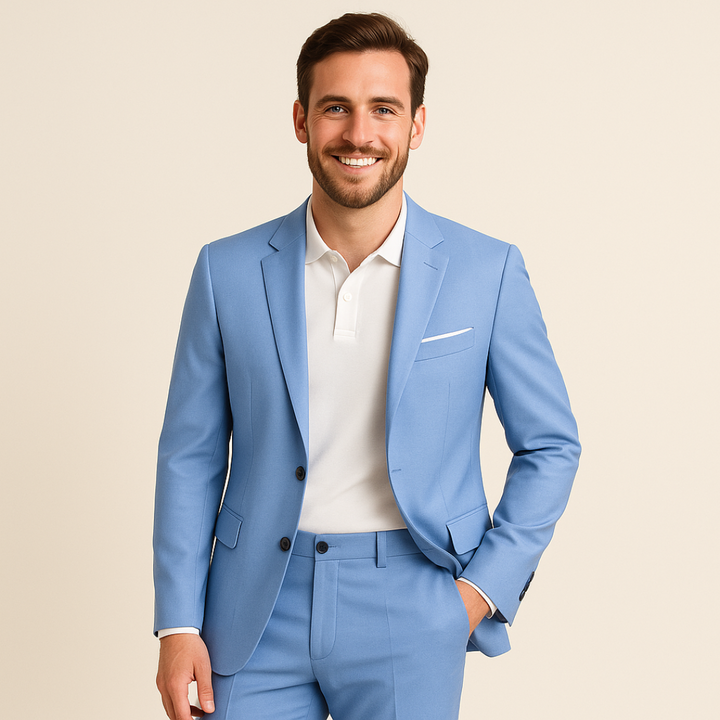 Stylish men's formal suit set, featuring a tailored blazer & dress pants for business wear.