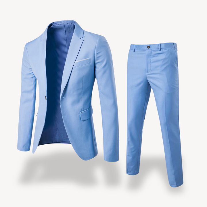 Sophisticated men's two-piece formal suit, including a sleek blazer & slim-fit pants for events.