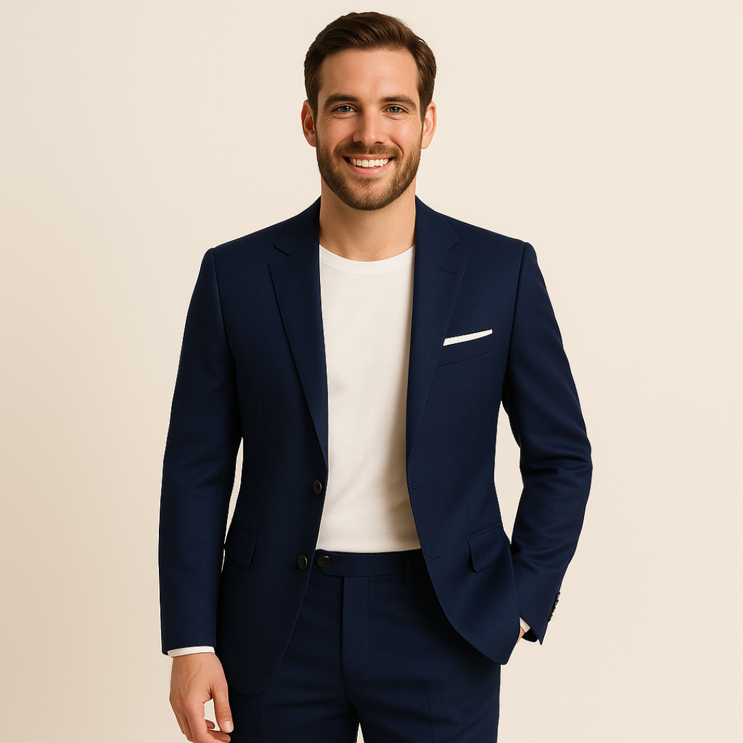 Men's wedding attire: a tailored two-piece formal suit set with an elegant blazer & matching pants.