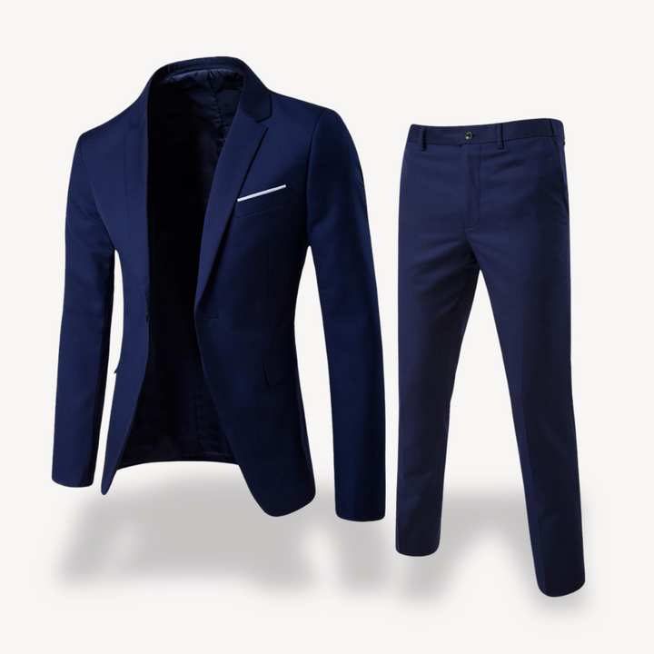 Professional men's business wear: a slim-fit formal suit with a modern blazer & dress pants.
