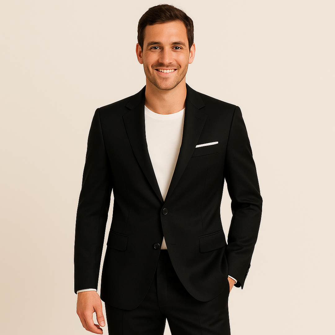 Tailored men's formal suit set, a two-piece design with a smart blazer and matching dress pants.