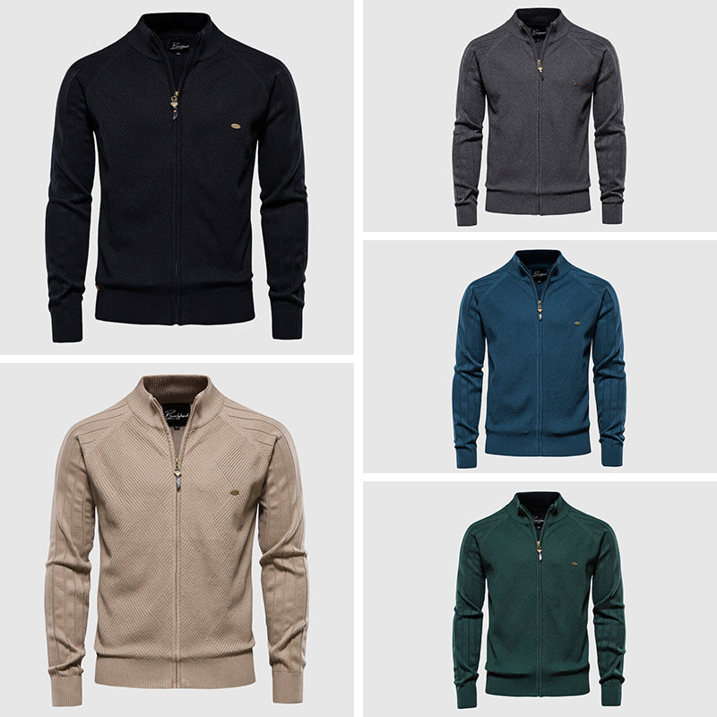 Men's full zip cardigan sweater in a comfortable knit fabric, perfect for fall and winter layering.