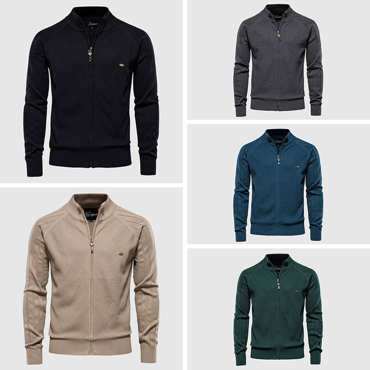 Men's full zip cardigan sweater in a comfortable knit fabric, perfect for fall and winter layering.