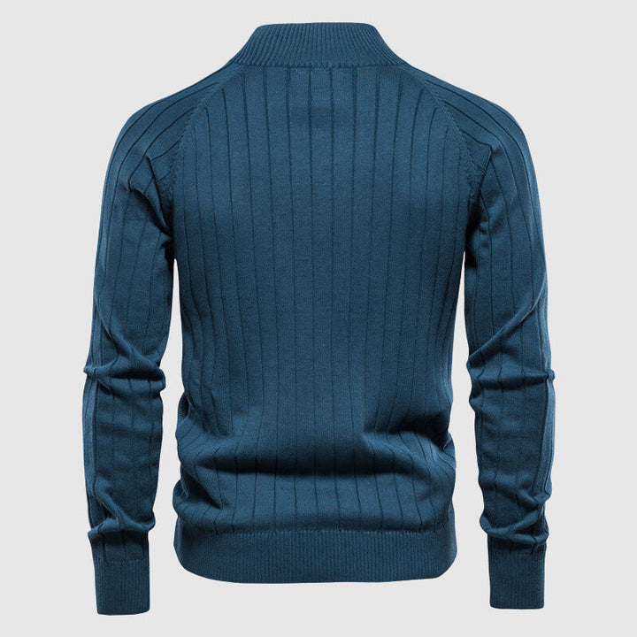 Elegant men's full zip sweater, a versatile layering piece for casual or smart-casual outfits.