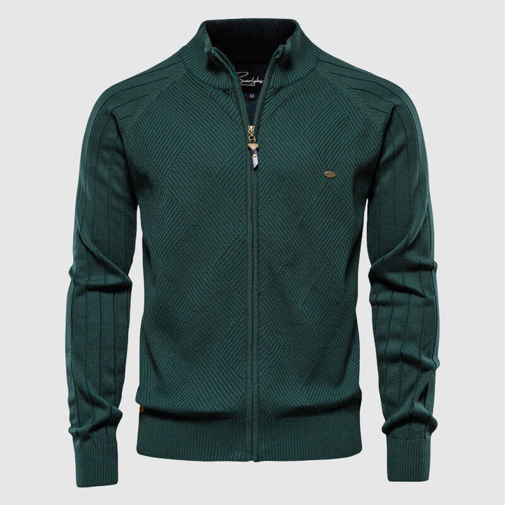 Warm men's winter knit full zip sweater, a cozy and comfortable outerwear piece for cold weather.