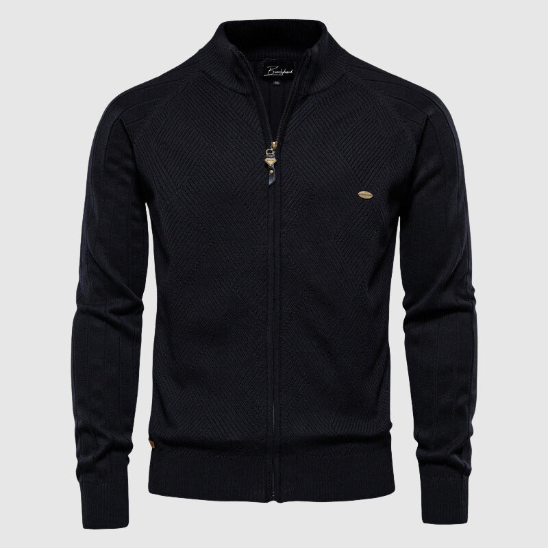 Casual men's full zip cardigan in a soft knit, great as a layering top or light outerwear for men.