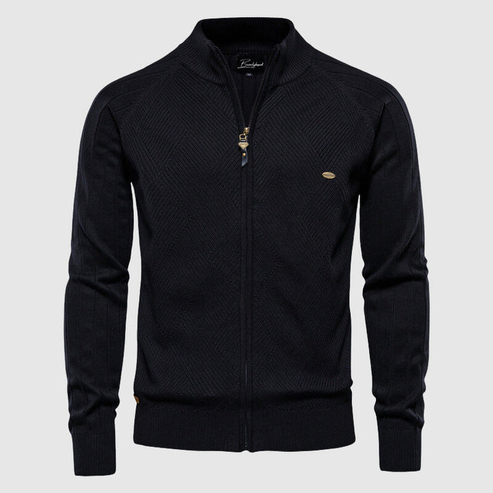 Casual men's full zip cardigan in a soft knit, great as a layering top or light outerwear for men.