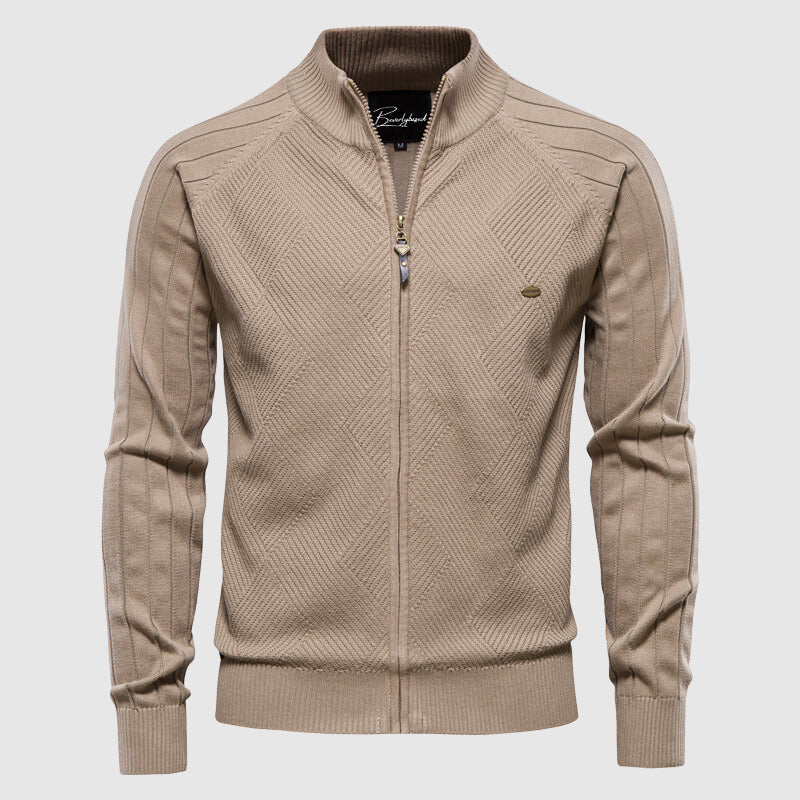 Sophisticated men's full zip sweater with ribbed details, an essential elegant menswear addition.
