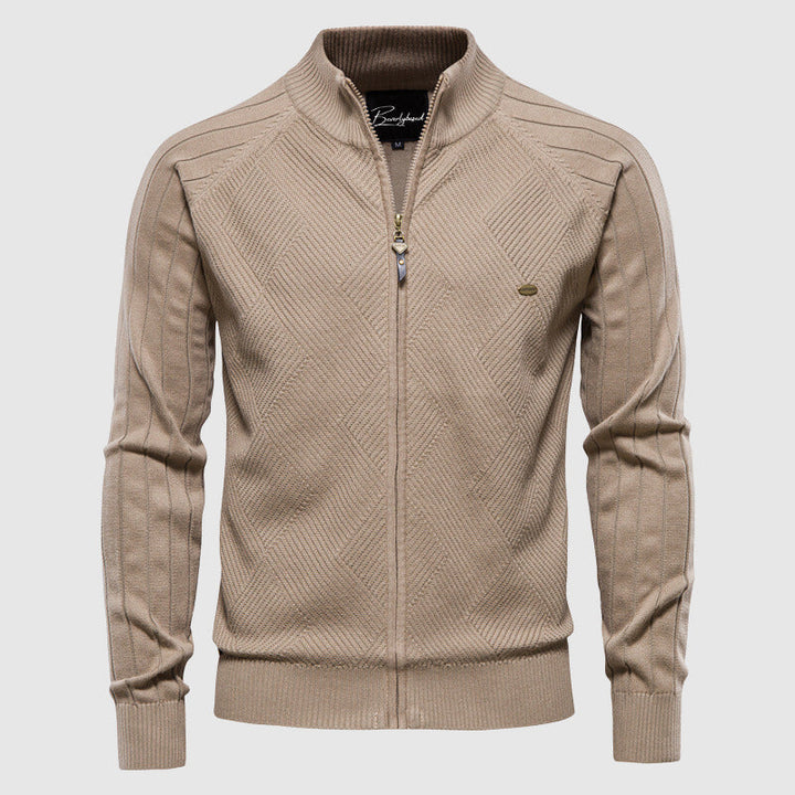 Sophisticated men's full zip sweater with ribbed details, an essential elegant menswear addition.