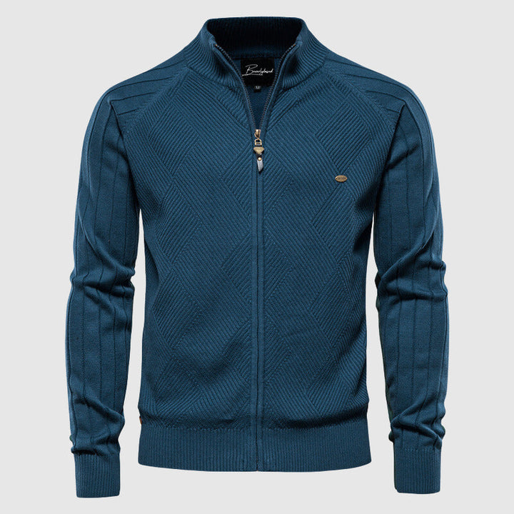 Comfortable men's full zip long sleeve cardigan, perfect for a relaxed yet stylish layering look.