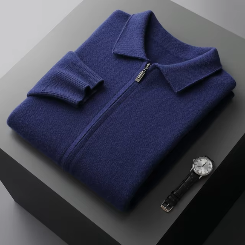 Smart casual men's full-zip collared sweater, a comfortable long-sleeve knit for versatile wear.