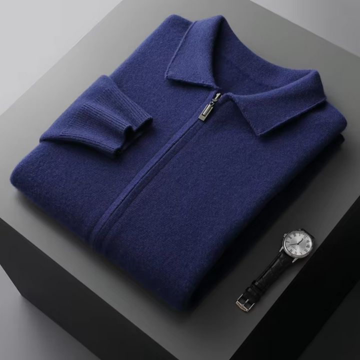 Smart casual men's full-zip collared sweater, a comfortable long-sleeve knit for versatile wear.