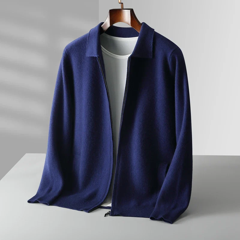 Men's full-zip collared sweater featuring practical front pockets, perfect for casual style.