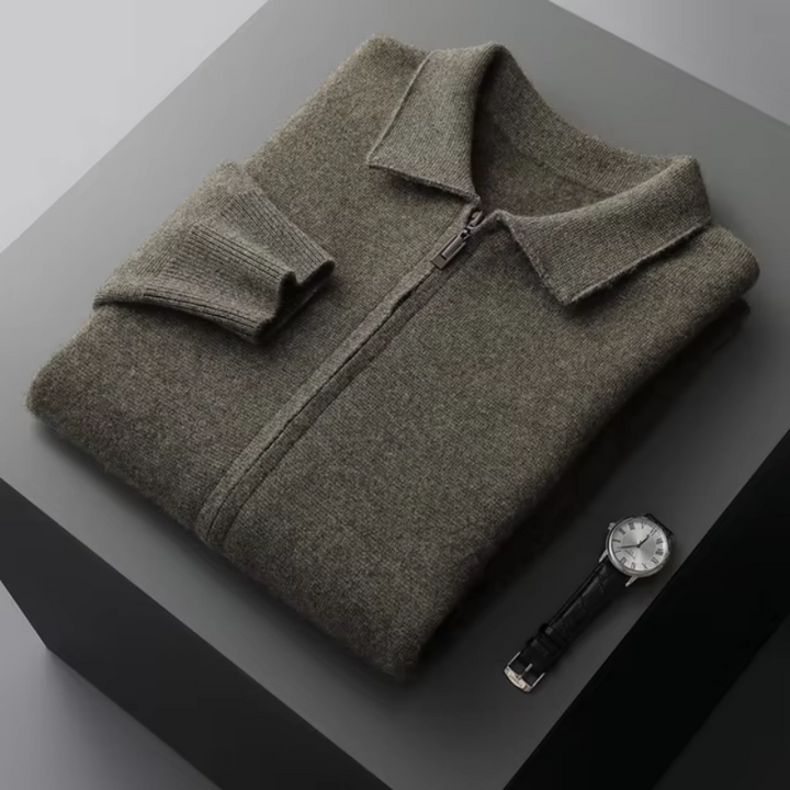 Close-up of men's full-zip collared knit sweater texture, highlighting the quality, comfort & design.