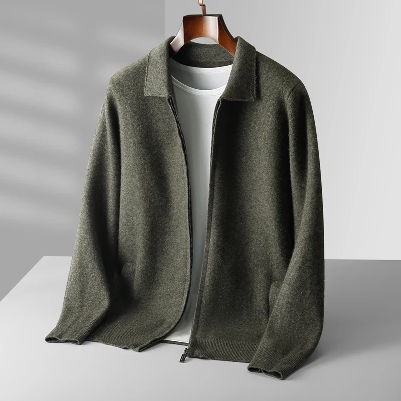 Man wearing a comfortable full-zip collared knit sweater, perfect for everyday style & layering.