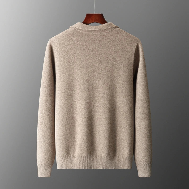 Full-zip men's collared knit sweater with long sleeves, offering smart casual versatility & modern appeal.