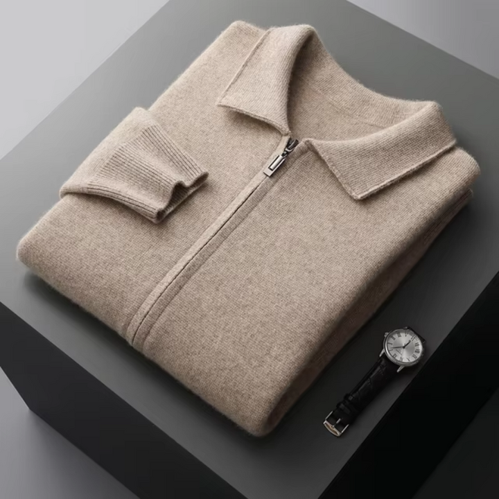Comfortable men's full-zip collared sweater with front pockets for practical everyday wear and warmth.