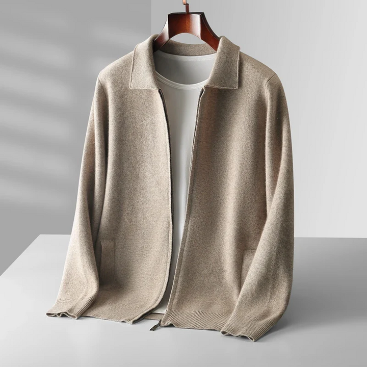 Men's full-zip collared sweater, an ideal layering piece for casual and smart casual outfits.