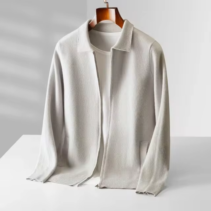 Men's full-zip sweater with a classic collar and long sleeves, great for casual smart looks.