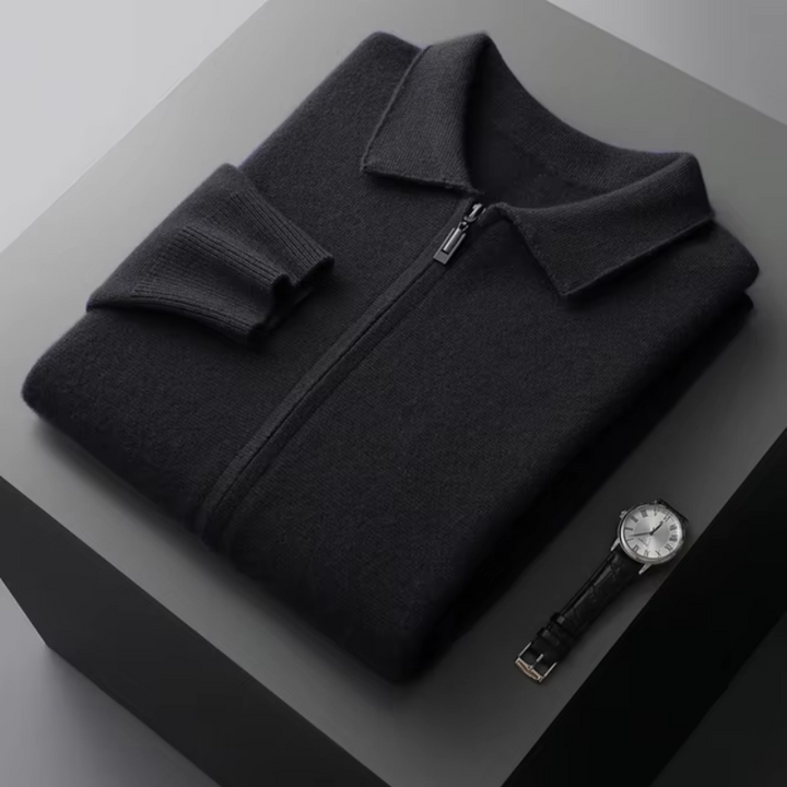 Versatile men's full-zip collared sweater, ideal for comfortable everyday style and layering.