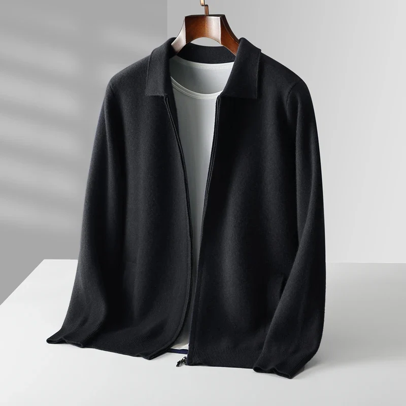 Men's fashion full-zip collared knit sweater, combining comfort with smart casual appeal.