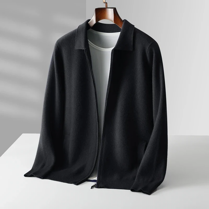 Men's fashion full-zip collared knit sweater, combining comfort with smart casual appeal.