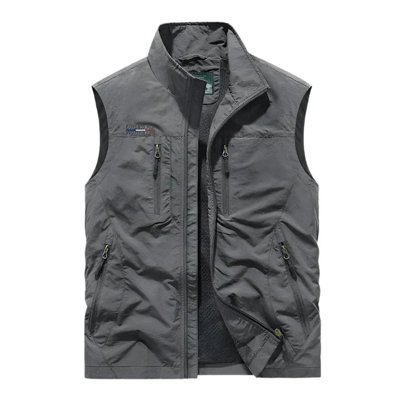 Casual men's travel vest with full zip, a versatile layering piece for all seasons.