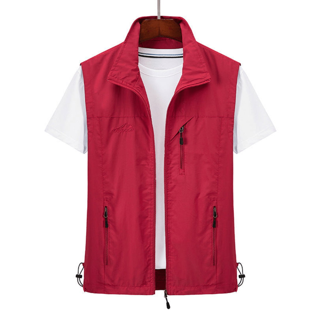 Sleeveless men's full zip vest with stand collar. Lightweight, perfect for active style & transitional weather.