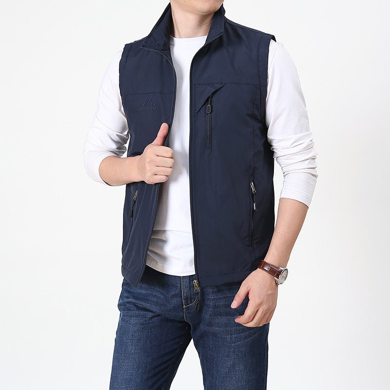 Comfortable men's lightweight vest, full zip & stand collar. Excellent for outdoor adventures & casual layering.