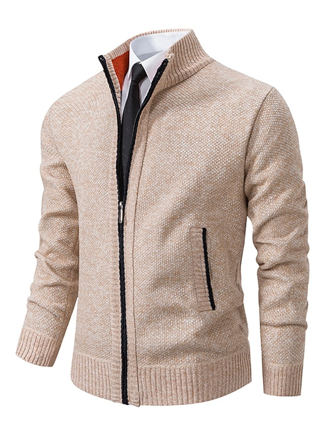 Men's full-zip ribbed knit cardigan with smart plaid lining, perfect for casual layering.