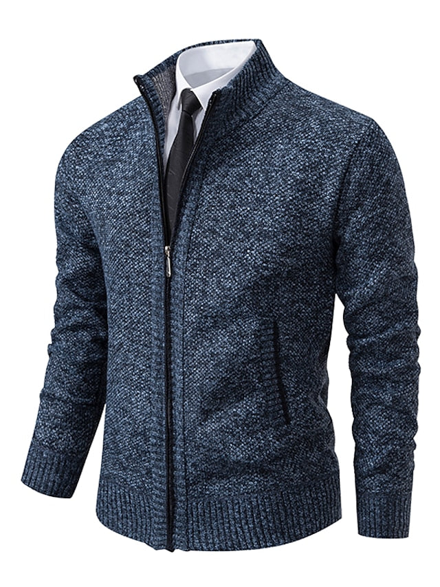 Warm men's full-zip ribbed cardigan for cool weather, featuring smart plaid lining for extra comfort.