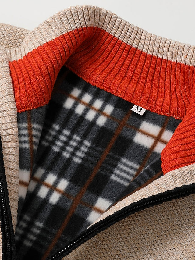 Stylish men's full-zip ribbed cardigan with plaid lined comfort, available in various colors.