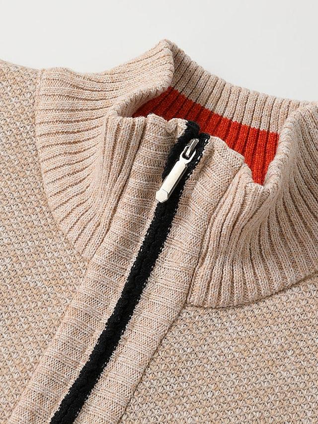 Comfortable men's ribbed full-zip cardigan sweater featuring a smart plaid lining for casual wear.