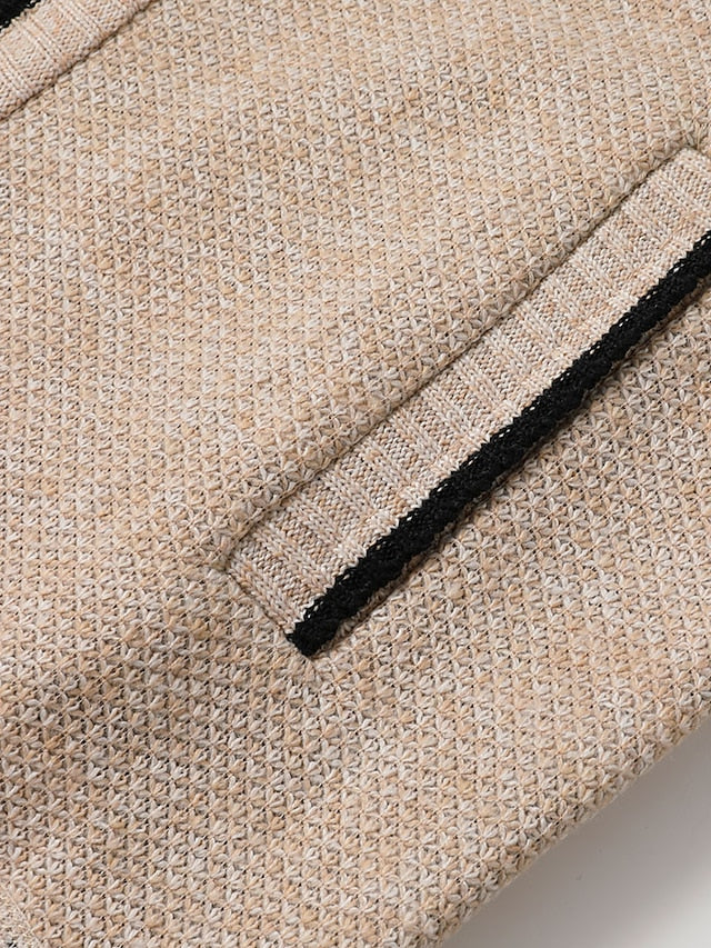 Khaki men's full-zip ribbed knit cardigan with a stylish plaid lining, perfect for autumn.