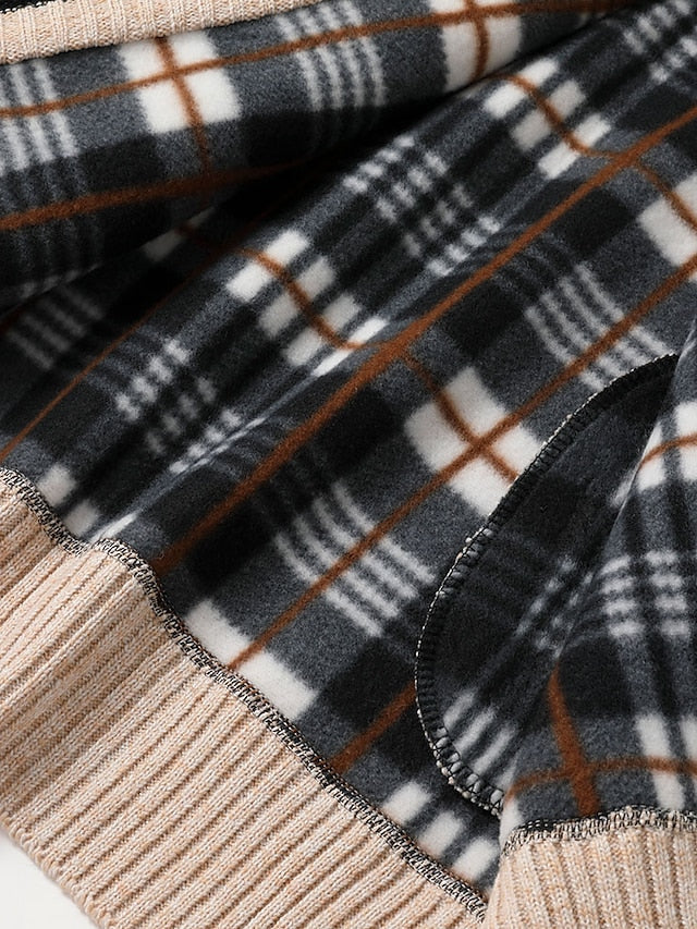 Black men's ribbed full-zip cardigan sweater, featuring smart plaid lining for warmth and style.