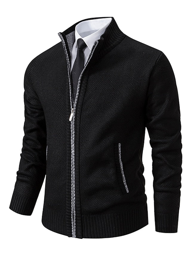 Navy men's full-zip ribbed cardigan sweater, combining elegance and comfort with a plaid lining.