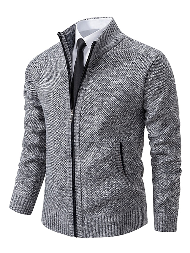 Men's full-zip ribbed knit cardigan sweater. Plaid lined, casual & comfortable. Colors: Khaki, Black, Gray, Navy.