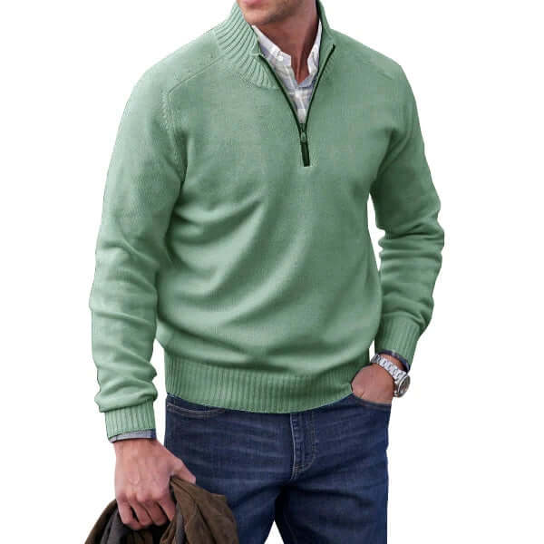 Fashionable men's full-zip sweater, durable & comfortable for versatile casual wear.